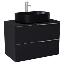 HD Carona Matt Black 60 komplett fürdőszoba bútor szett fali mosdószekrénnyel, szálcsiszolt króm fogantyúkkal, fekete mosdópulttal, tükörrel és magasszekrénnyel