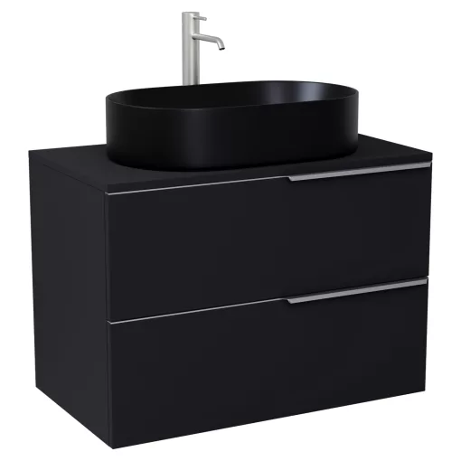 HD Carona Matt Black 60 komplett fürdőszoba bútor szett fali mosdószekrénnyel, szálcsiszolt króm fogantyúkkal, fekete mosdópulttal, tükörrel és magasszekrénnyel