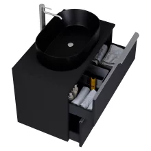 HD Carona Matt Black 60 komplett fürdőszoba bútor szett fali mosdószekrénnyel, szálcsiszolt króm fogantyúkkal, fekete mosdópulttal, tükörrel és magasszekrénnyel