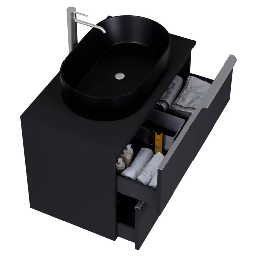 HD Carona Matt Black 60 komplett fürdőszoba bútor szett fali mosdószekrénnyel, szálcsiszolt króm fogantyúkkal, fekete mosdópulttal, tükörrel és magasszekrénnyel