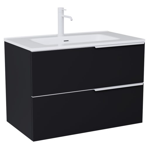 HD Cremona Matt Black 60 komplett fürdőszoba bútor szett fali mosdószekrénnyel, matt fehér fogantyúkkal, fényes fehér slim mosdóval, tükörrel és magasszekrénnyel