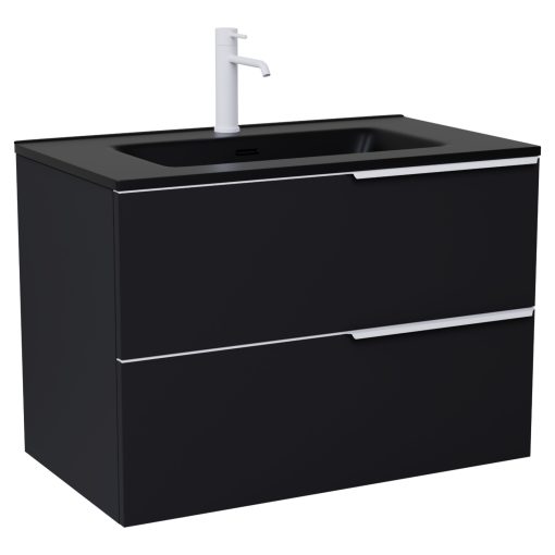 HD Cremona Matt Black 60 fali mosdószekrény matt fehér fogantyúkkal és matt fekete slim mosdóval