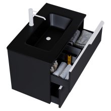 HD Cremona Matt Black 60 fali mosdószekrény matt fehér fogantyúkkal és matt fekete slim mosdóval