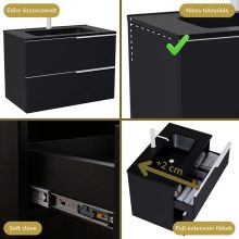 HD Cremona Matt Black 60 fali mosdószekrény matt fehér fogantyúkkal és matt fekete slim mosdóval