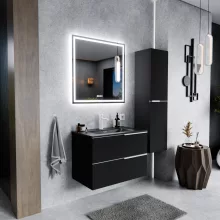 HD Cremona Matt Black 60 fali mosdószekrény matt fehér fogantyúkkal és matt fekete slim mosdóval