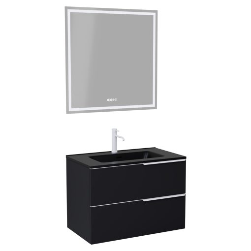 HD Cremona Matt Black 60 komplett fürdőszoba bútor fali mosdószekrénnyel, matt fehér fogantyúkkal, matt fekete slim mosdóval és tükörrel