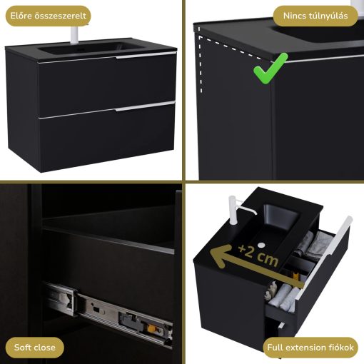 HD Cremona Matt Black 60 komplett fürdőszoba bútor szett fali mosdószekrénnyel, matt fehér fogantyúkkal, matt fekete slim mosdóval, tükörrel és magasszekrénnyel