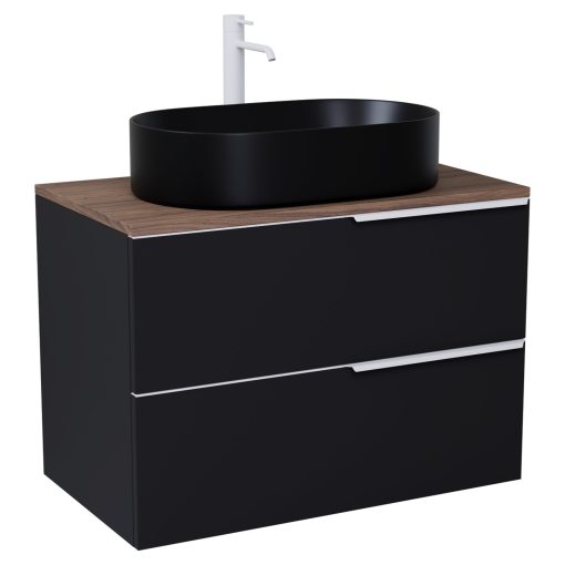 HD Carona Matt Black 60 fali mosdószekrény tölgyfa színű mosdópulttal és matt fehér fogantyúkkal