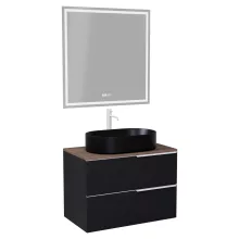 HD Carona Matt Black 60 komplett fürdőszoba bútor fali mosdószekrénnyel, matt fehér fogantyúkkal, tölgyfa színű mosdópulttal és tükörrel