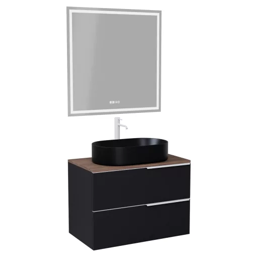 HD Carona Matt Black 60 komplett fürdőszoba bútor fali mosdószekrénnyel, matt fehér fogantyúkkal, tölgyfa színű mosdópulttal és tükörrel