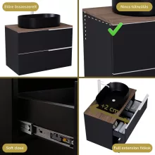 HD Carona Matt Black 60 komplett fürdőszoba bútor fali mosdószekrénnyel, matt fehér fogantyúkkal, tölgyfa színű mosdópulttal és tükörrel