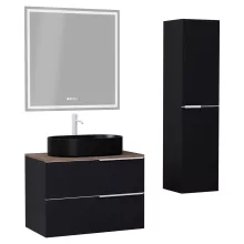 HD Carona Matt Black 60 komplett fürdőszoba bútor szett fali mosdószekrénnyel, matt fehér fogantyúkkal, tölgyfa színű mosdópulttal, tükörrel és magasszekrénnyel