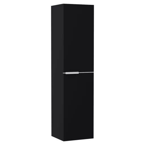 HD Carona Matt Black 60 komplett fürdőszoba bútor szett fali mosdószekrénnyel, matt fehér fogantyúkkal, tölgyfa színű mosdópulttal, tükörrel és magasszekrénnyel