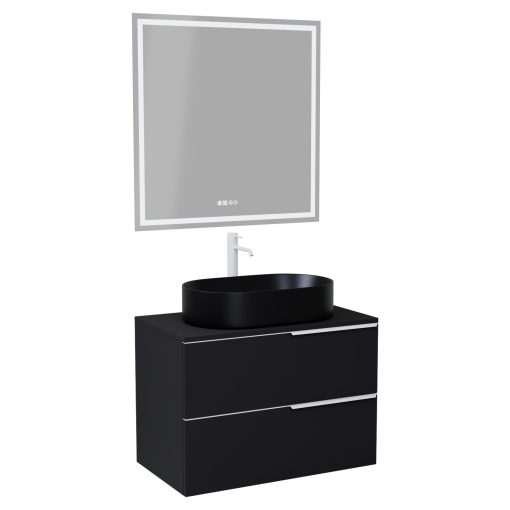 HD Carona Matt Black 60 komplett fürdőszoba bútor fali mosdószekrénnyel, matt fehér fogantyúkkal, fekete mosdópulttal és tükörrel