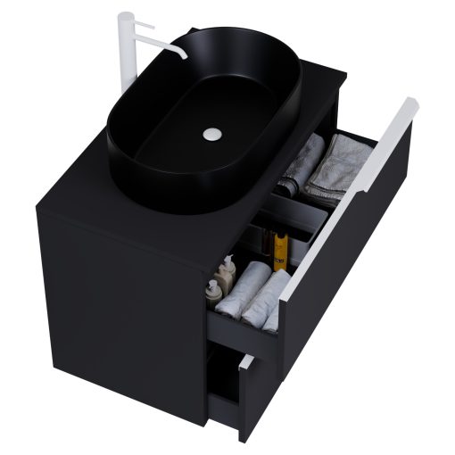 HD Carona Matt Black 60 komplett fürdőszoba bútor fali mosdószekrénnyel, matt fehér fogantyúkkal, fekete mosdópulttal és tükörrel