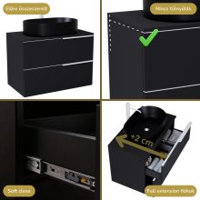 HD Carona Matt Black 60 komplett fürdőszoba bútor fali mosdószekrénnyel, matt fehér fogantyúkkal, fekete mosdópulttal és tükörrel