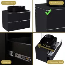 HD Carona Matt Black 60 komplett fürdőszoba bútor fali mosdószekrénnyel, matt fehér fogantyúkkal, fekete mosdópulttal és tükörrel