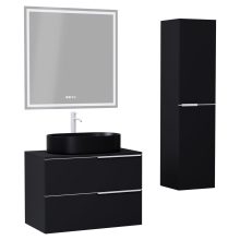 HD Carona Matt Black 60 komplett fürdőszoba bútor szett fali mosdószekrénnyel, matt fehér fogantyúkkal, fekete mosdópulttal, tükörrel és magasszekrénnyel