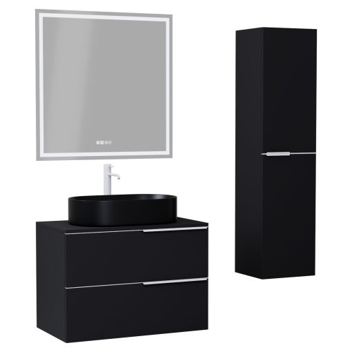 HD Carona Matt Black 60 komplett fürdőszoba bútor szett fali mosdószekrénnyel, matt fehér fogantyúkkal, fekete mosdópulttal, tükörrel és magasszekrénnyel