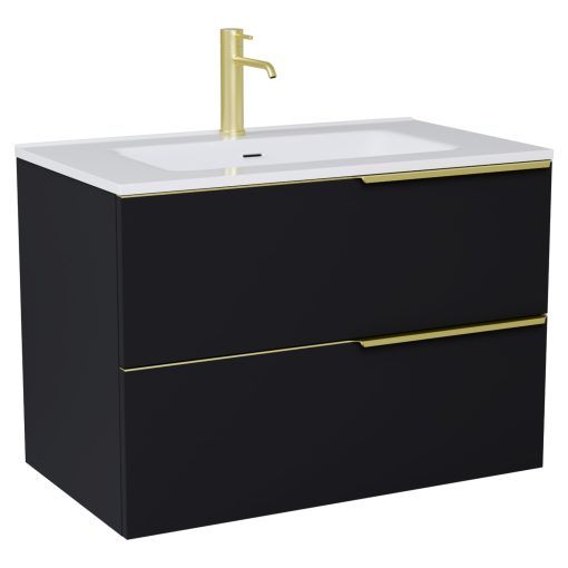 HD Cremona Matt Black 60 fali mosdószekrény szálcsiszolt arany fogantyúkkal és fényes fehér slim mosdóval