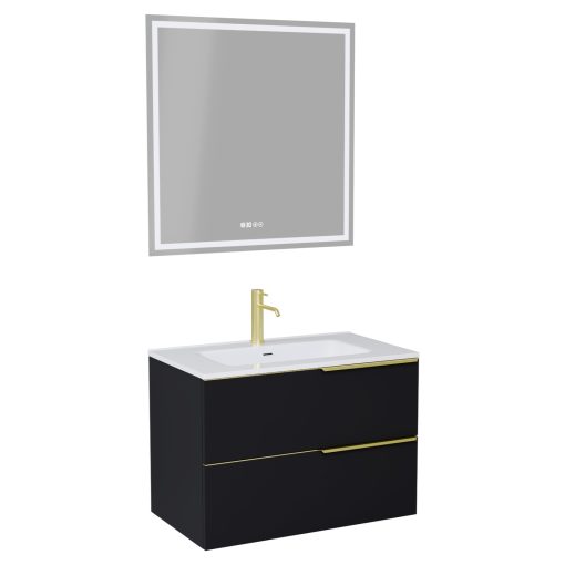 HD Cremona Matt Black 60 komplett fürdőszoba bútor fali mosdószekrénnyel, szálcsiszolt arany fogantyúkkal, fényes fehér slim mosdóval és tükörrel