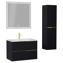 HD Cremona Matt Black 60 komplett fürdőszoba bútor szett fali mosdószekrénnyel, szálcsiszolt arany fogantyúkkal, fényes fehér slim mosdóval, tükörrel és magasszekrénnyel