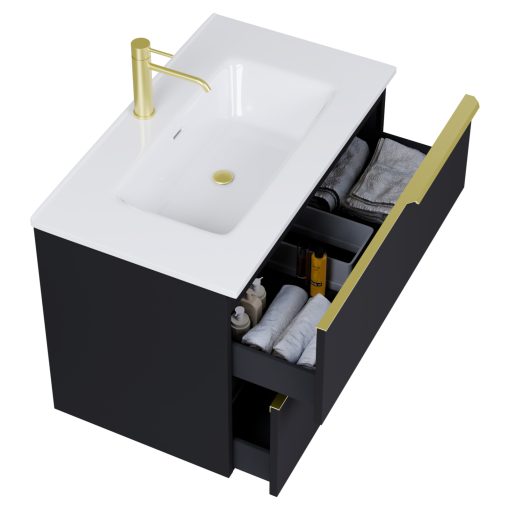 HD Cremona Matt Black 60 komplett fürdőszoba bútor szett fali mosdószekrénnyel, szálcsiszolt arany fogantyúkkal, fényes fehér slim mosdóval, tükörrel és magasszekrénnyel