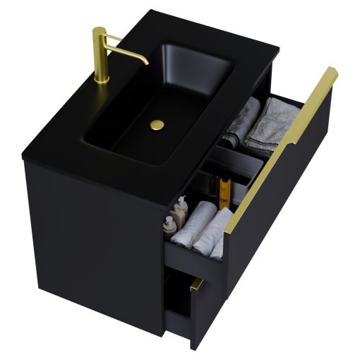 HD Cremona Matt Black 60 fali mosdószekrény szálcsiszolt arany fogantyúkkal és matt fekete slim mosdóval