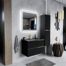 HD Cremona Matt Black 60 fali mosdószekrény szálcsiszolt arany fogantyúkkal és matt fekete slim mosdóval