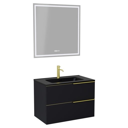 HD Cremona Matt Black 60 komplett fürdőszoba bútor fali mosdószekrénnyel, szálcsiszolt arany fogantyúkkal, matt fekete slim mosdóval és tükörrel