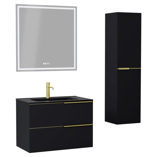HD Cremona Matt Black 60 komplett fürdőszoba bútor szett fali mosdószekrénnyel, szálcsiszolt arany fogantyúkkal, matt fekete slim mosdóval, tükörrel és magasszekrénnyel