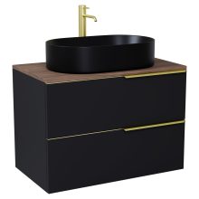 HD Carona Matt Black 60 fali mosdószekrény tölgyfa színű mosdópulttal és szálcsiszolt arany fogantyúkkal