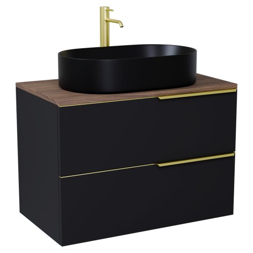 HD Carona Matt Black 60 fali mosdószekrény tölgyfa színű mosdópulttal és szálcsiszolt arany fogantyúkkal