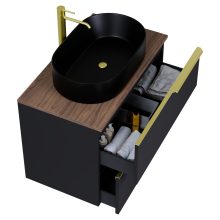 HD Carona Matt Black 60 fali mosdószekrény tölgyfa színű mosdópulttal és szálcsiszolt arany fogantyúkkal