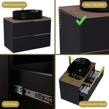 HD Carona Matt Black 60 fali mosdószekrény tölgyfa színű mosdópulttal és szálcsiszolt arany fogantyúkkal