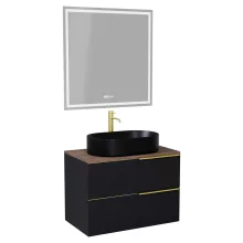 HD Carona Matt Black 60 komplett fürdőszoba bútor fali mosdószekrénnyel, szálcsiszolt arany fogantyúkkal, tölgyfa színű mosdópulttal és tükörrel