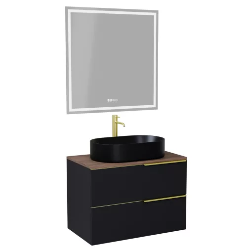 HD Carona Matt Black 60 komplett fürdőszoba bútor fali mosdószekrénnyel, szálcsiszolt arany fogantyúkkal, tölgyfa színű mosdópulttal és tükörrel