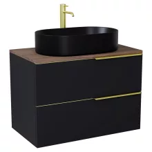 HD Carona Matt Black 60 komplett fürdőszoba bútor fali mosdószekrénnyel, szálcsiszolt arany fogantyúkkal, tölgyfa színű mosdópulttal és tükörrel