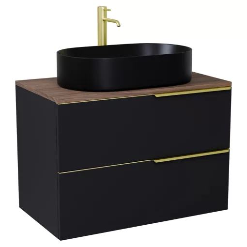 HD Carona Matt Black 60 komplett fürdőszoba bútor fali mosdószekrénnyel, szálcsiszolt arany fogantyúkkal, tölgyfa színű mosdópulttal és tükörrel