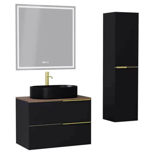 HD Carona Matt Black 60 komplett fürdőszoba bútor szett fali mosdószekrénnyel, szálcsiszolt arany fogantyúkkal, tölgyfa színű mosdópulttal, tükörrel és magasszekrénnyel