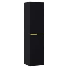 HD Carona Matt Black 60 komplett fürdőszoba bútor szett fali mosdószekrénnyel, szálcsiszolt arany fogantyúkkal, tölgyfa színű mosdópulttal, tükörrel és magasszekrénnyel