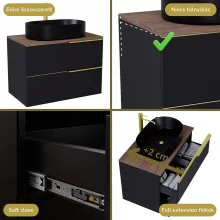 HD Carona Matt Black 60 komplett fürdőszoba bútor szett fali mosdószekrénnyel, szálcsiszolt arany fogantyúkkal, tölgyfa színű mosdópulttal, tükörrel és magasszekrénnyel