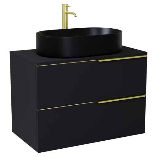 HD Carona Matt Black 60 fali mosdószekrény matt fekete mosdópulttal és szálcsiszolt arany fogantyúkkal