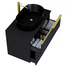 HD Carona Matt Black 60 fali mosdószekrény matt fekete mosdópulttal és szálcsiszolt arany fogantyúkkal