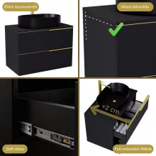 HD Carona Matt Black 60 fali mosdószekrény matt fekete mosdópulttal és szálcsiszolt arany fogantyúkkal