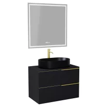 HD Carona Matt Black 60 komplett fürdőszoba bútor fali mosdószekrénnyel, szálcsiszolt arany fogantyúkkal, fekete mosdópulttal és tükörrel