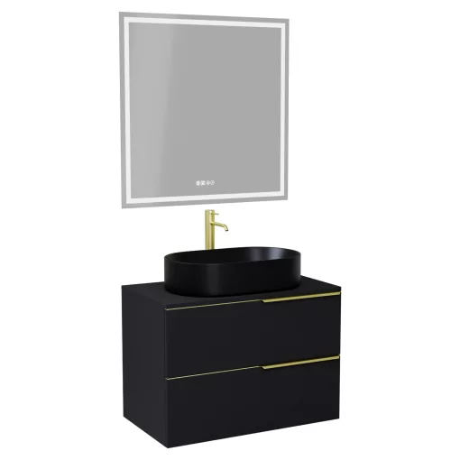 HD Carona Matt Black 60 komplett fürdőszoba bútor fali mosdószekrénnyel, szálcsiszolt arany fogantyúkkal, fekete mosdópulttal és tükörrel