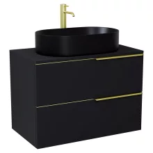 HD Carona Matt Black 60 komplett fürdőszoba bútor fali mosdószekrénnyel, szálcsiszolt arany fogantyúkkal, fekete mosdópulttal és tükörrel