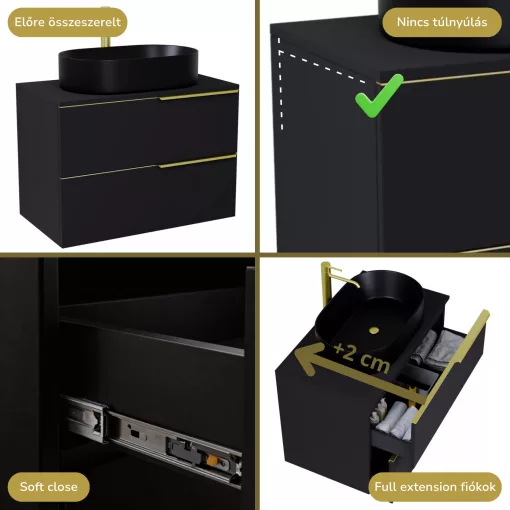 HD Carona Matt Black 60 komplett fürdőszoba bútor fali mosdószekrénnyel, szálcsiszolt arany fogantyúkkal, fekete mosdópulttal és tükörrel