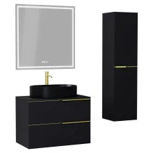 HD Carona Matt Black 60 komplett fürdőszoba bútor szett fali mosdószekrénnyel, szálcsiszolt arany fogantyúkkal, fekete mosdópulttal, tükörrel és magasszekrénnyel